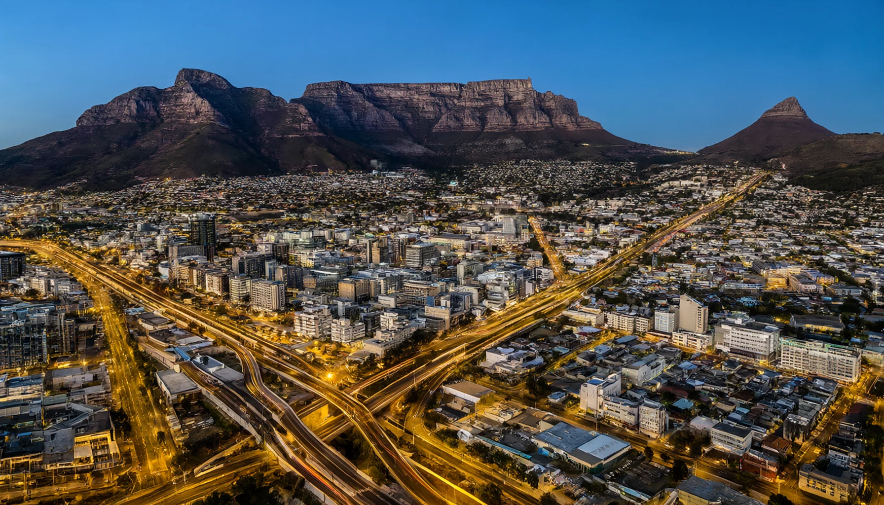 Cape Town skyline with infrastructure light trails