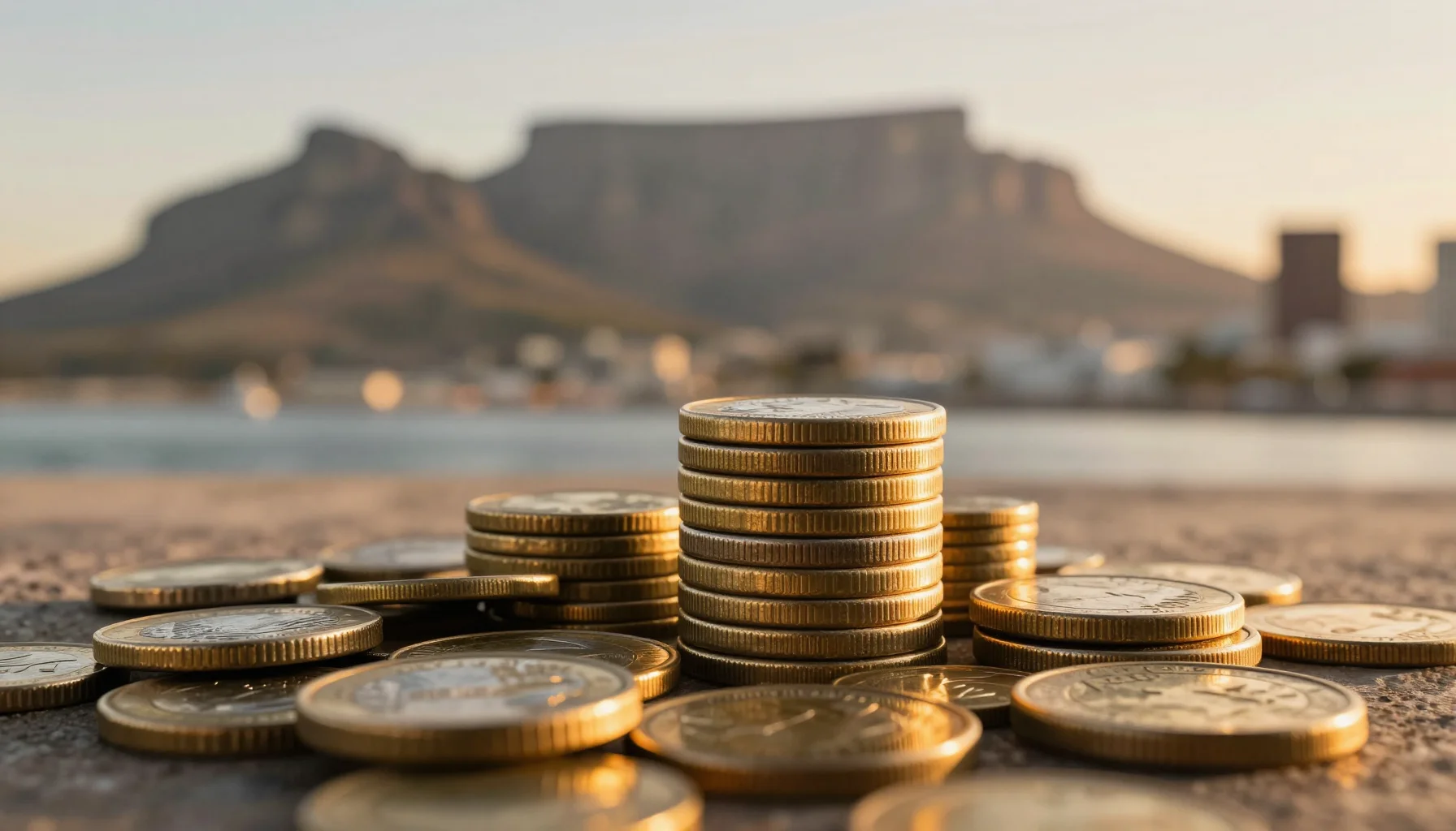 South African rand coins and the Cape Town skyline, evoking a high-yield asset safe haven