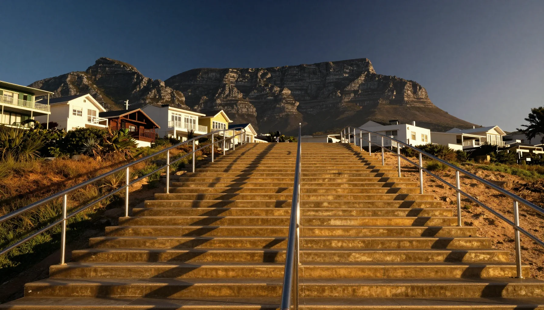 A financial freedom staircase and Cape Town seaside homes, evoking the journey from passive income to financial freedom