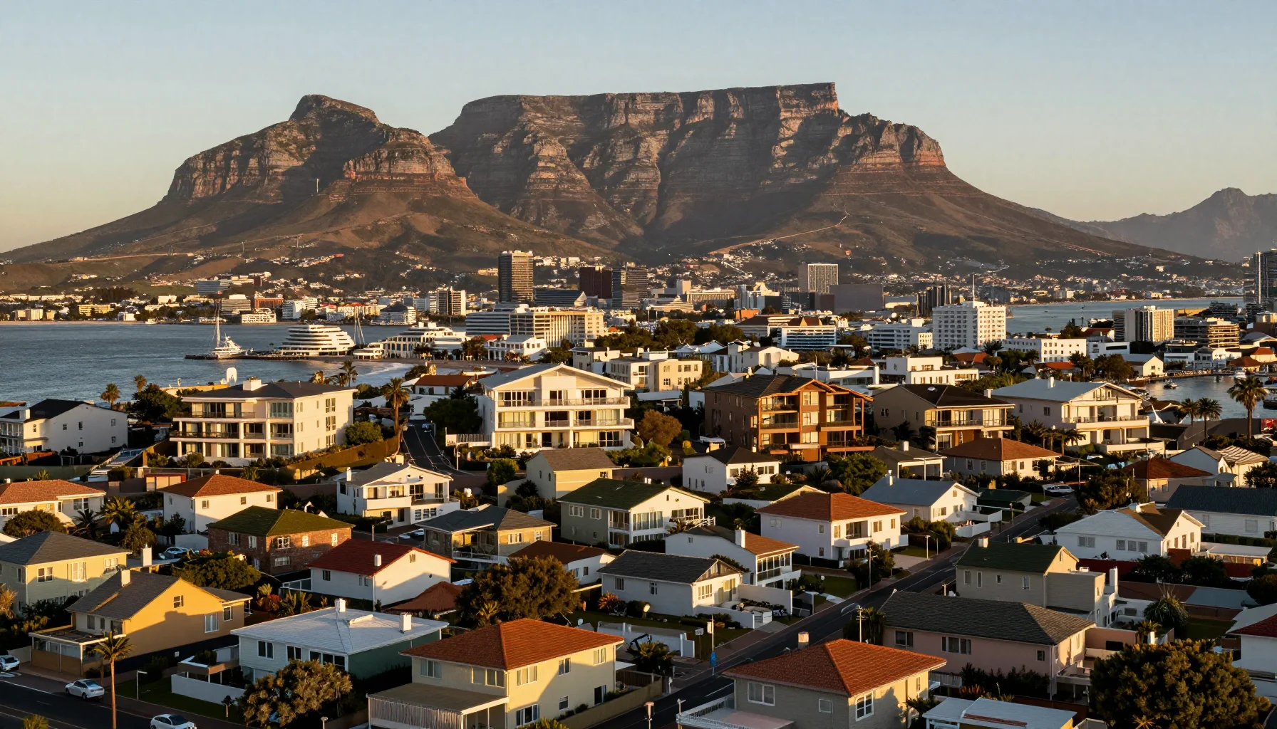 Cape Town luxury skyline contrasted with mid-market residential streets, capturing the stark two-speed divide of the property market under a golden sunset