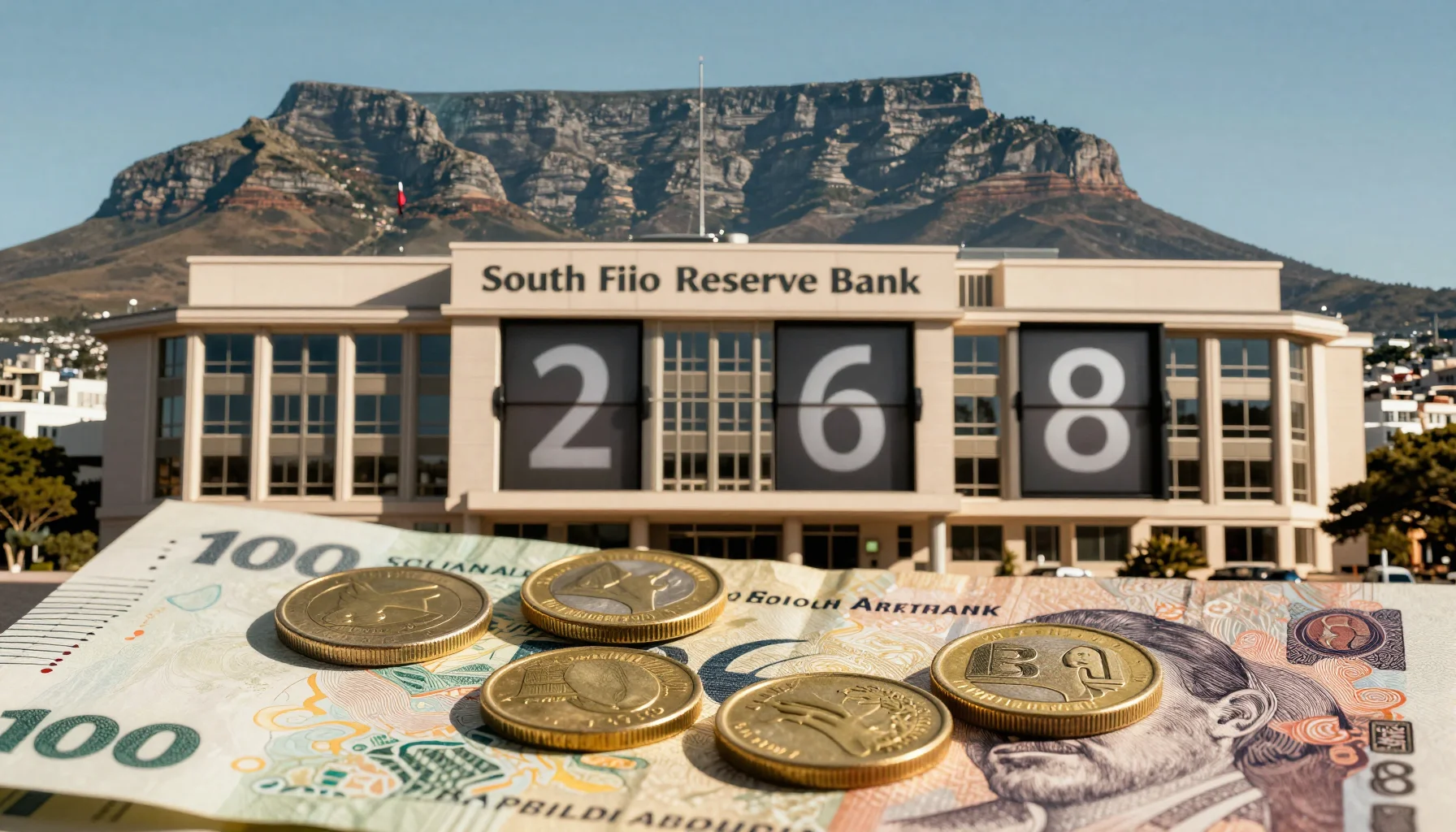 South African Reserve Bank headquarters and the Cape Town skyline, presenting a macro visual of the September 23 rate decision preview, the rand currency and the property market