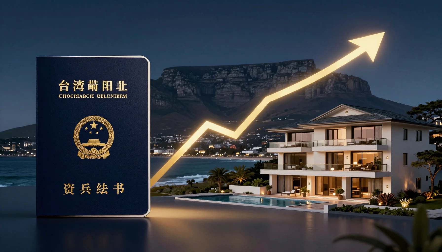 台灣定存簿與開普敦海景住宅對比意象，呈現低息到高息的轉換、被動收入配置的意象