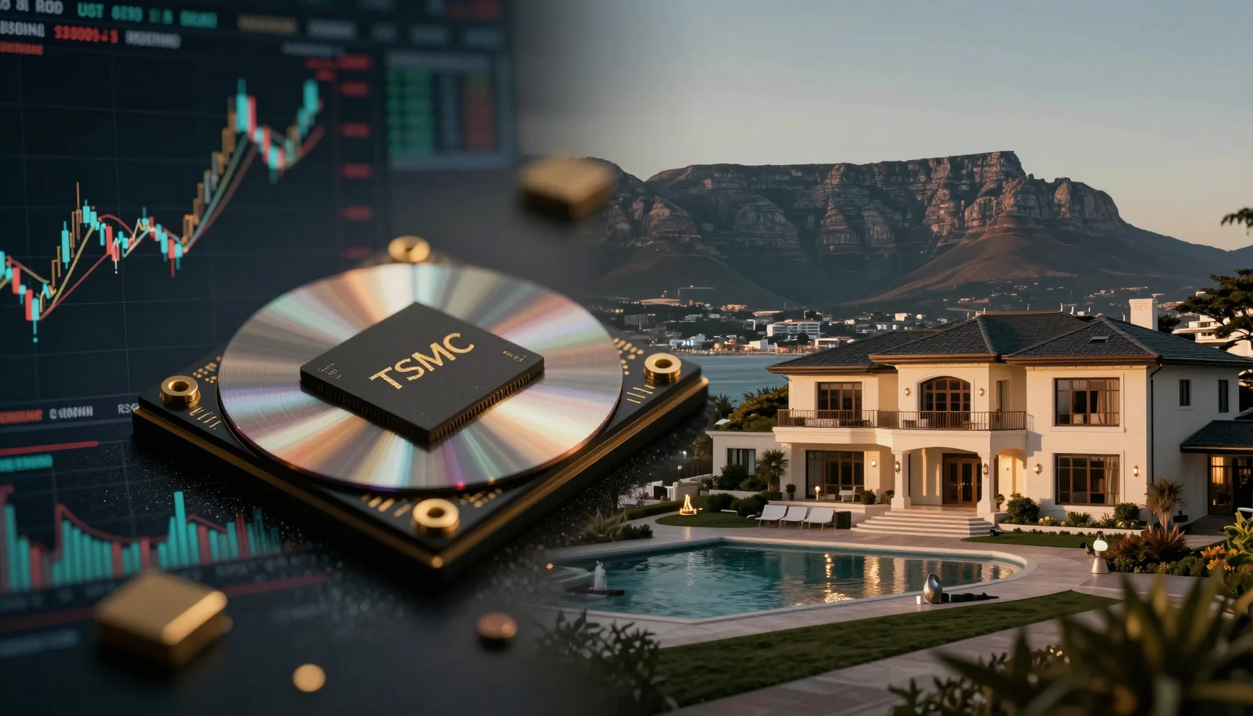 Taiwan stock concentration risk imagery with Cape Town seaside residential estate, illustrating the shift from concentration risk to tangible asset diversification and retirement allocation