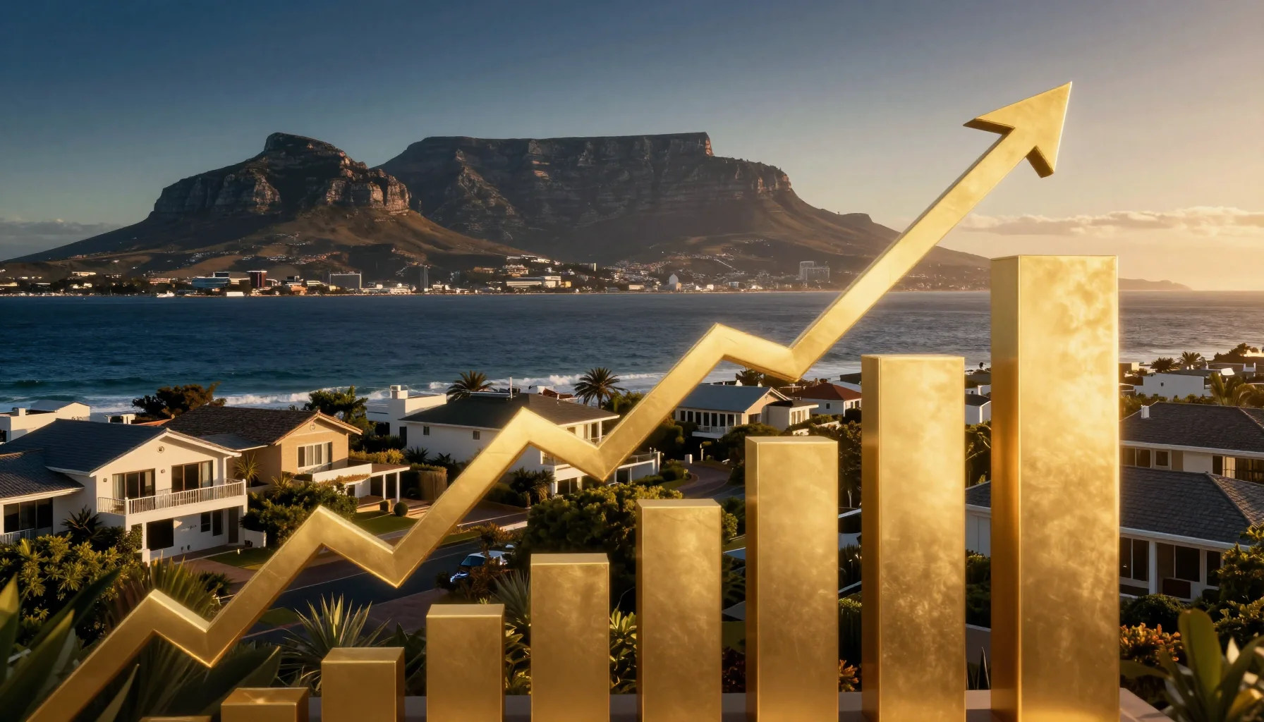 Taiwan stock market chart and Cape Town seaside homes, showing stock market gains turning into overseas assets and passive income accumulation